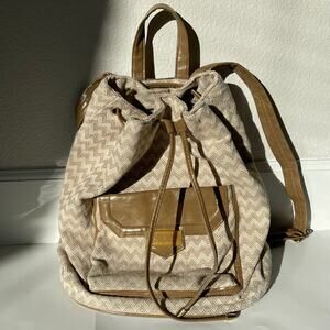 Nicole Miller New York Brown Two-Tone Chevron Drawstring Backpack Knapsack